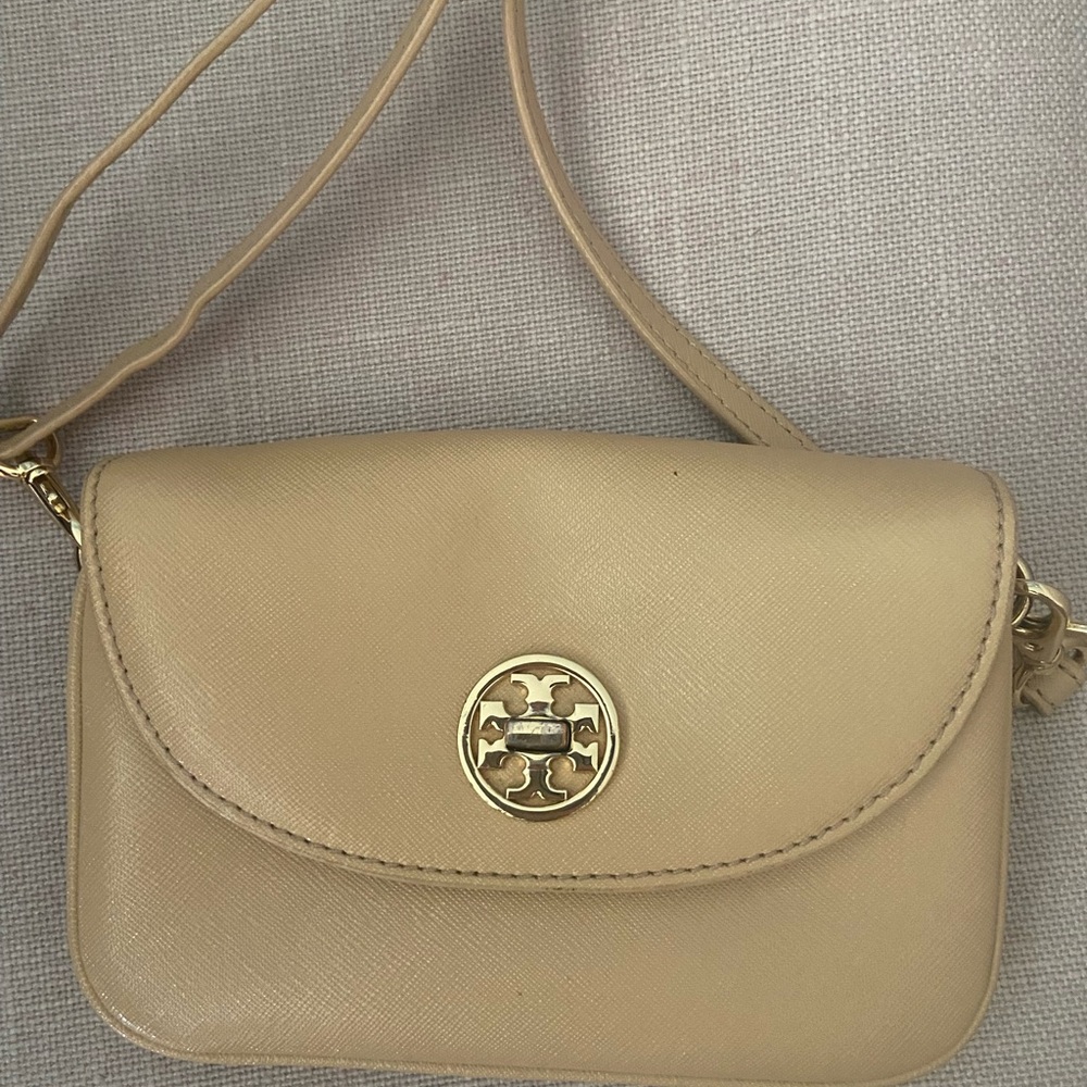 Tory Burch Tan Crossbody Bag with Gold Emblem